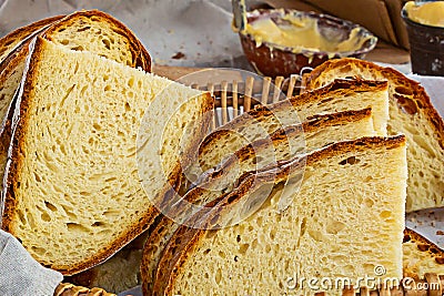 Rustic bread chopped symmetrical slices many in a basket fresh delicious with baked crust backdrop bakery Stock Photo