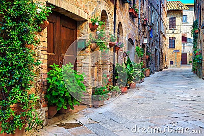 Rustic brick houses decorated with colorful flowers, Pienza, Tuscany, Italy Stock Photo