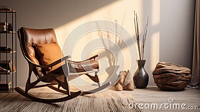 Rustic Brown Rocking Chair: Vray Tracing, African Influence, Minimalist Staging Stock Photo