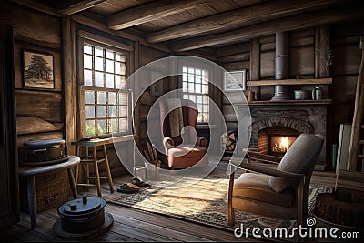 Rustic Cabin: Create a set of images that showcase a charming, cozy rustic cabin. Generative AI Stock Photo