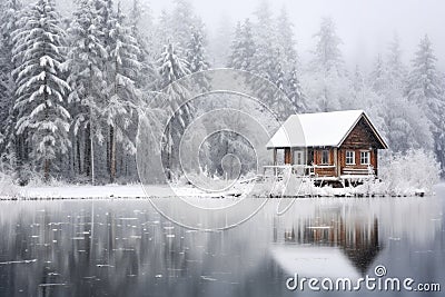 rustic cabin in snowfall by a frozen lake Stock Photo