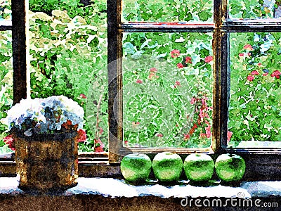 0000222_Rustic Cabin Windowsill with Apples and Planter_0019 Stock Photo