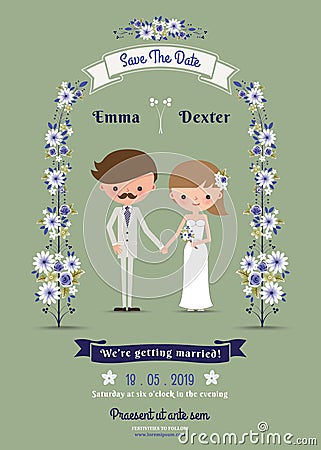 Rustic cartoon couple wedding card Vector Illustration