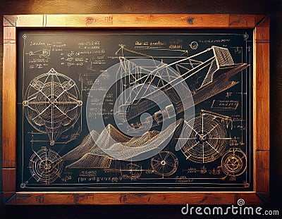 A rustic chalkboard with sketches and equations related to mining engineering and resource estimation Stock Photo