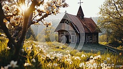 Rustic Chapel in Springtime Blooming - AI Generated Stock Photo