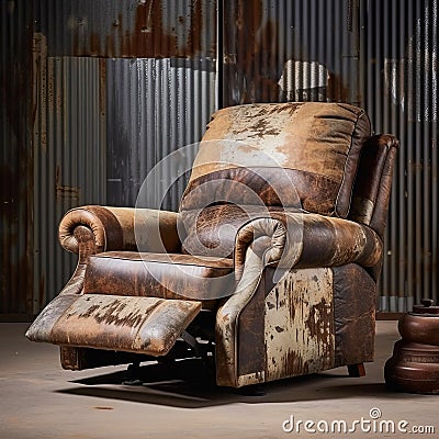 Rustic Charm: Cowboy Recliner With Leather And Corrugated Steel Legs Stock Photo