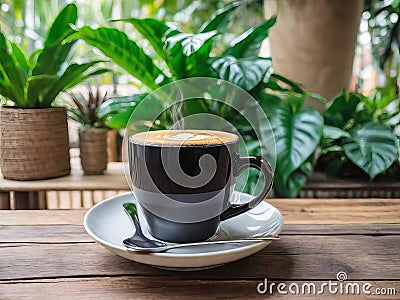 Rustic Charm: A Cup of Coffee Perched on a Wooden Table. Stock Photo