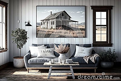 Rustic Charm: Farmhouse Interior Design Style Living Room Stock Photo