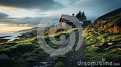 Rustic Charm: A Green Roof On A House In Ominous Landscapes Stock Photo