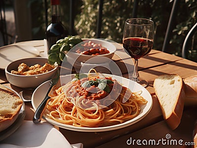 The Rustic Charm of a Tuscan Pasta Dinner Stock Photo