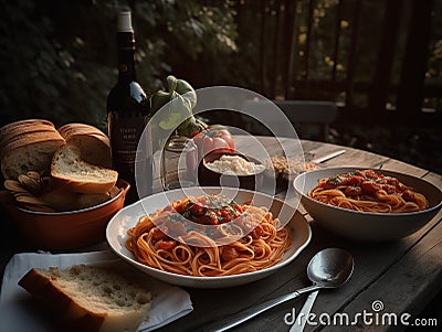 The Rustic Charm of a Tuscan Pasta Dinner Stock Photo