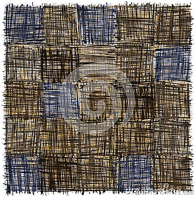 Rustic checkered mat with grunge striped rough square elemen in brown, blue ,grey, yellow colors isolated on white Vector Illustration