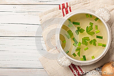 Rustic chicken broth in plate Stock Photo