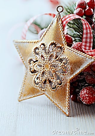 Rustic christmas decoration with golden star Stock Photo