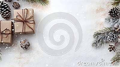 Rustic Christmas gifts with brown string, pine cones, spruce and fir branches and decorations. Stock Photo