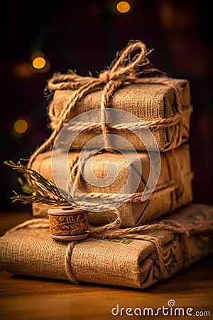 Rustic Christmas Gifts on Wooden Background Stock Photo