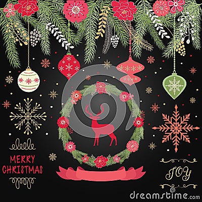 Rustic Christmas,Merry Christmas,Wreath,Banner,Ball,Snowflakes,Christmas Ornaments,Christmas Greeting Invitation Card Vector Illustration