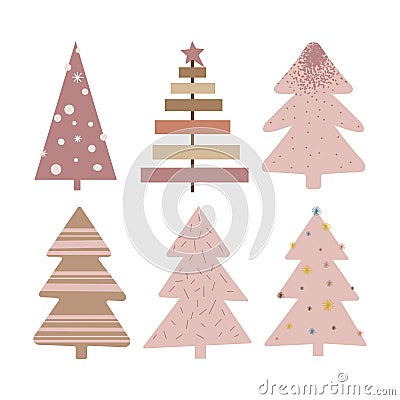 Rustic Christmas tree set. Modern boho winter vector illustration. Neutral beige alternative trees art. Vector Illustration