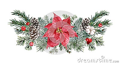 Rustic Christmas wreath illustration. Watercolor pine branches, poinsettia, pine cones, red berries. Festive winter frame Stock Photo