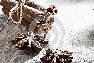 RUSTIC CINNAMON AND ANISE STILL LIFE ON SNOW COVERED BACKGROUND Stock Photo