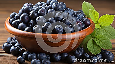 Rustic clay bowl with fresh blueberries and spearmint on wooden table, healthy ingredients Stock Photo