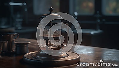 Rustic coffee pot on old fashioned wooden table in dark kitchen generated by AI Stock Photo