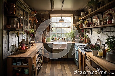 rustic and cottage-style kitchen, with vintage style appliances and knickknacks Stock Photo