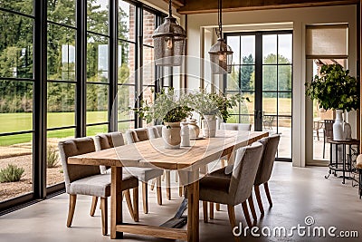 Rustic country house dining room with solid wood dining table and upholstered chairs looking out onto the estate Generative AI Stock Photo