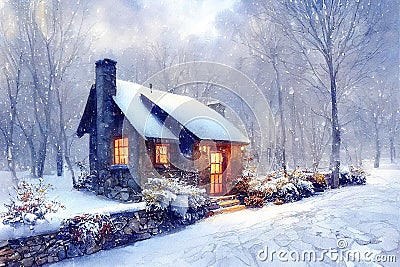 Rustic country house, snowy winter Cartoon Illustration
