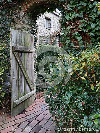 Rustic Courtyard With Wood Gate and Brick Path Stock Photo