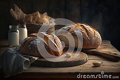 A rustic crusty loaf of bread on a wooden table. Stock Photo