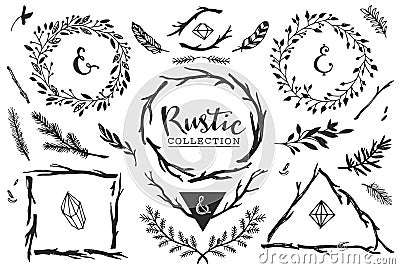Rustic decorative elements with lettering. Hand drawn vintage. Vector Illustration