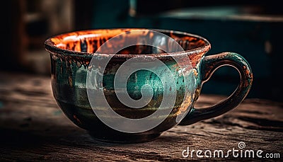 Rustic earthenware mug on old fashioned table in messy kitchen generated by AI Stock Photo