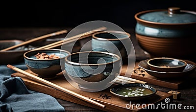 Rustic earthenware set with bamboo chopsticks, still life generated by AI Stock Photo