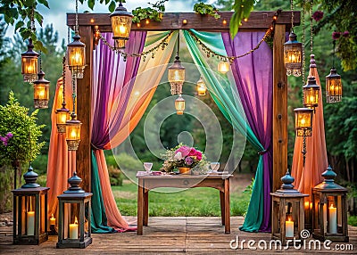 Rustic Elegance: A Captivating Tablescape Under a Wooden Archway Illuminated by Soft Lanterns and String Lights Stock Photo
