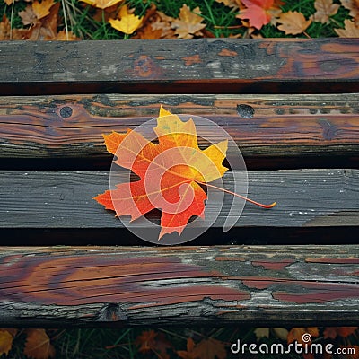 Rustic elegance captured as a maple leaf graces a wooden bench Stock Photo