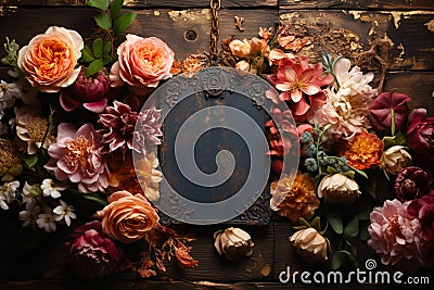 Rustic elegance flowers paired with a tag on a textured wooden backdrop Stock Photo