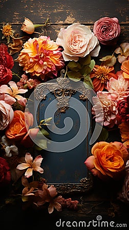 Rustic elegance flowers paired with a tag on a textured wooden backdrop Stock Photo