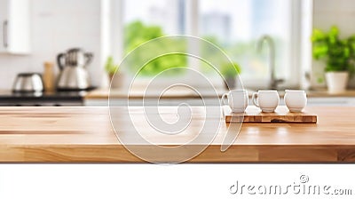 Rustic Elegance, Wooden Tabletop amidst a Blurred Kitchen and Window Backdrop. Generative AI Stock Photo