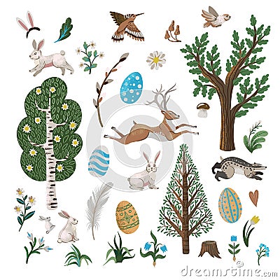 Rustic elements such as trees, rabbits, eggs and other isolated. Easter print. Vector Illustration