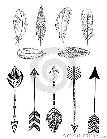 Rustic Ethnic boho style feathers and arrows. Vintage vector set. Vector Illustration