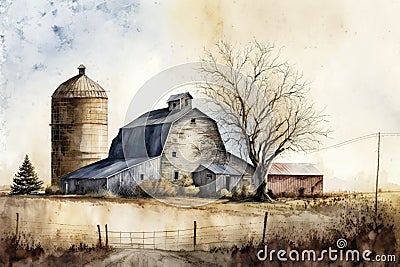 Rustic Farm Landscape with Barn and Silo in Watercolors. Perfect for Invitations and Posters. Stock Photo