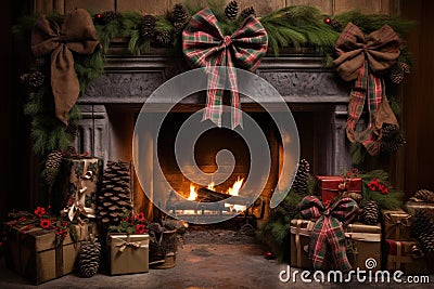 rustic fireplace decorated with pine cones and plaid bows Stock Photo