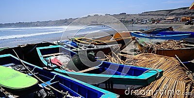 Rustic fishing boast in the coast of Lima Peru Stock Photo
