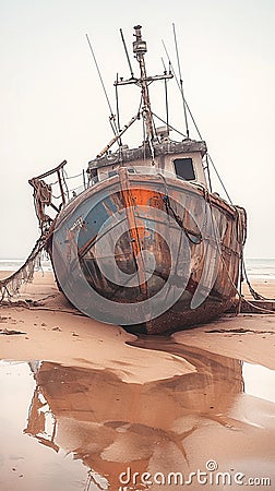 Rustic fishing boat stranded on sandy shore, a relic of seafaring days Stock Photo