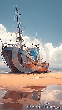 Rustic fishing boat stranded on sandy shore, a relic of seafaring days Stock Photo