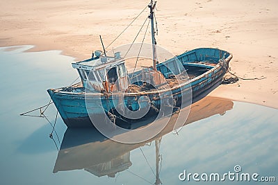 Rustic fishing boat stranded on sandy shore, a relic of seafaring days Stock Photo