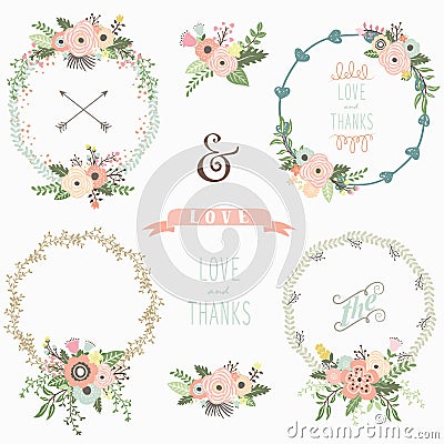 Rustic Floral Wreath Elements Vector Illustration