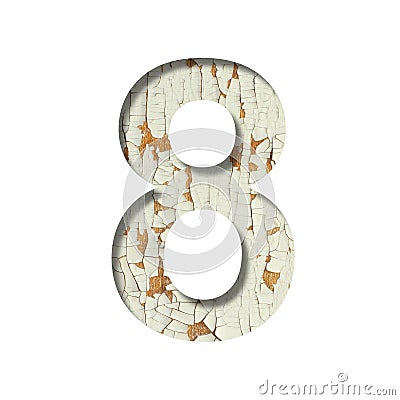 Rustic font. Digit eight, 8 cut out of paper on the background of old rustic wall with peeling paint and cracks. Set of simple Stock Photo