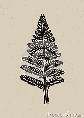 Rustic forest woodcut of fern leaf in simple silhouette style vector motif. Grungy icon for natural botanical element Vector Illustration